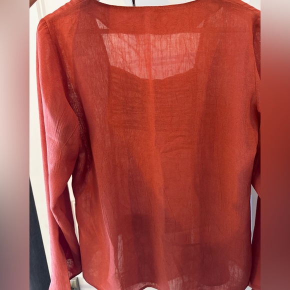 90s LINEN Terracotta/Rust Fairycore/Boho Bell Sleeve Top Rushed fringe XS/S/M - Picture 7 of 8